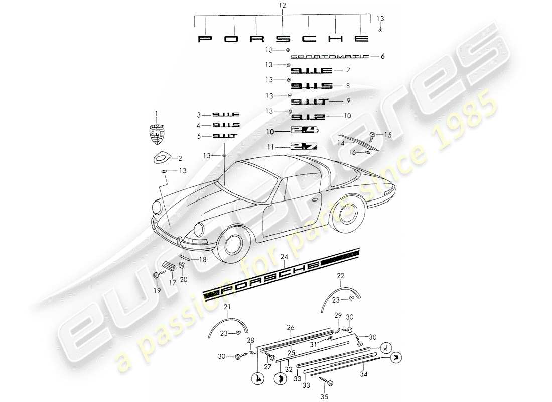 porsche 1972 (911) dekorative beschläge ersatzteildiagramm