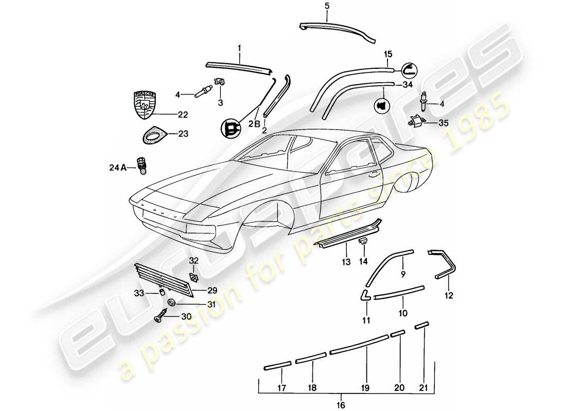 porsche 1988 (924s) dekorative formteile ersatzteildiagramm