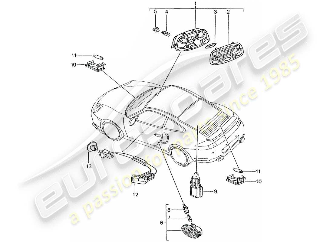 porsche 2002 (996 turbo / gt2) innenleuchte - gepäckraumlampe - motorraumlampe - fussraumlampe - handschuhfachleuchte - türgriffbeleuchtung - innenentriegelung teilediagramm