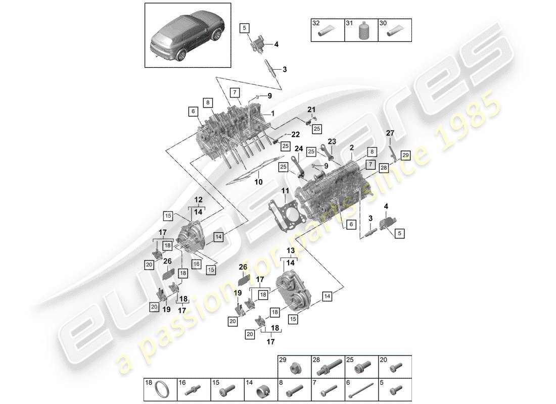 porsche 2020 (cayenne e3 9ya/9yb) zylinderkopf teilediagramm
