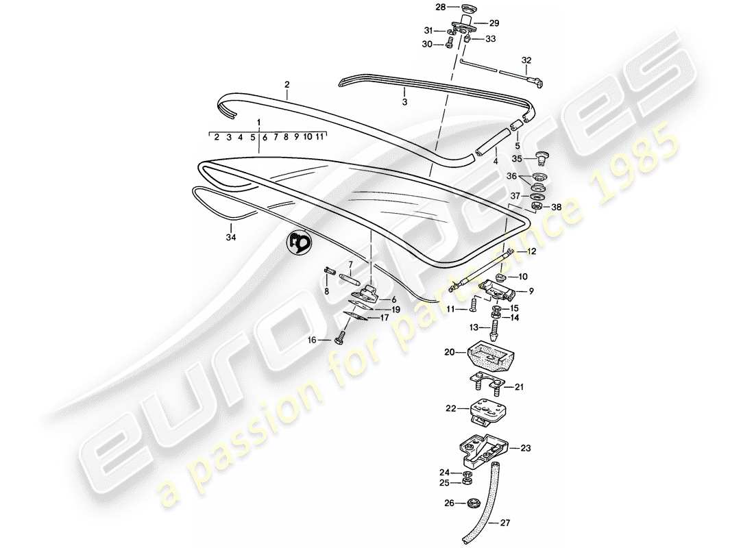 porsche 1984 (944) kofferraumdeckel - mit: - heckscheibe - ohne: - heckspoiler ersatzteildiagramm