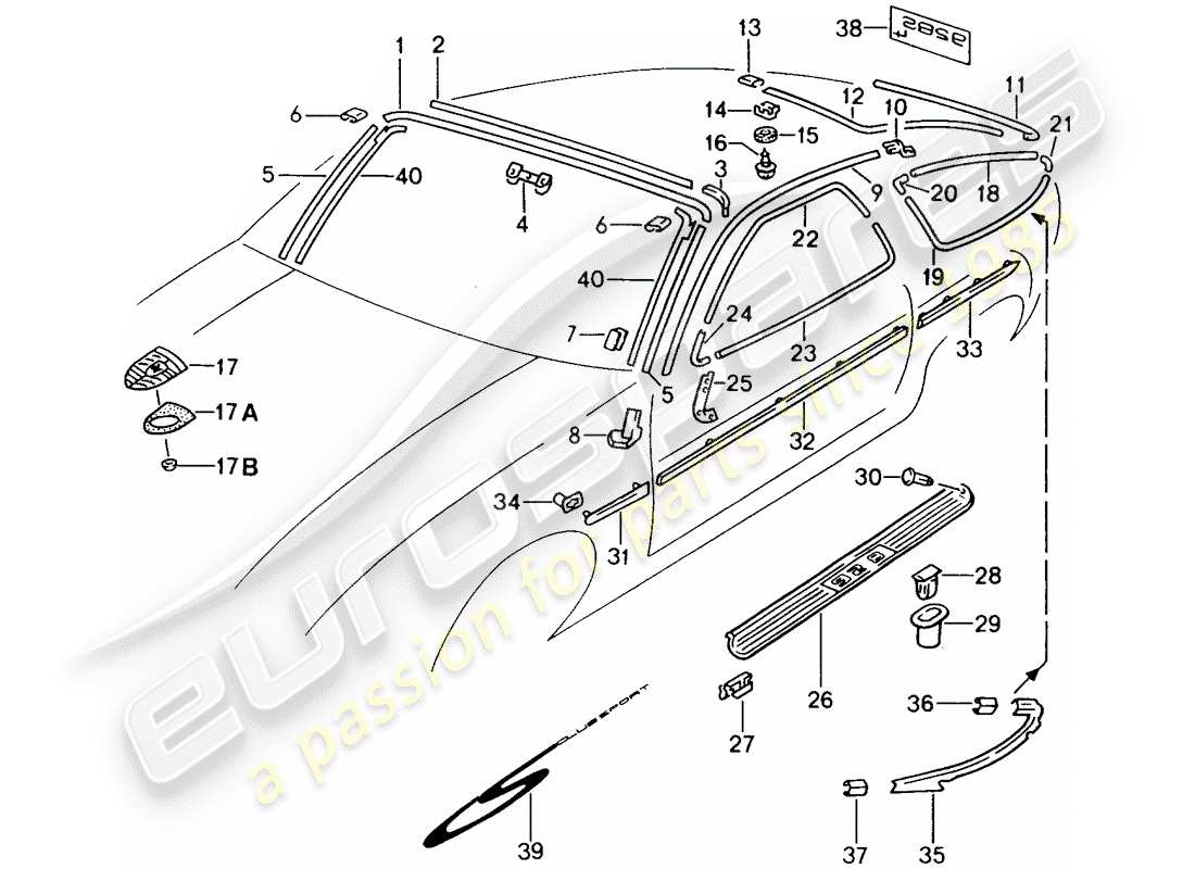 porsche 1991 (928) dekorative beschläge - aussenausstattung teilediagramm