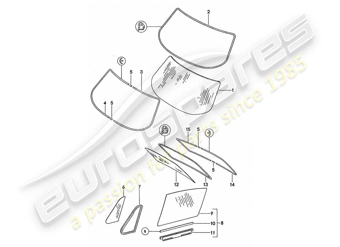 porsche 1976 (911 turbo) fensterverglasung ersatzteildiagramm