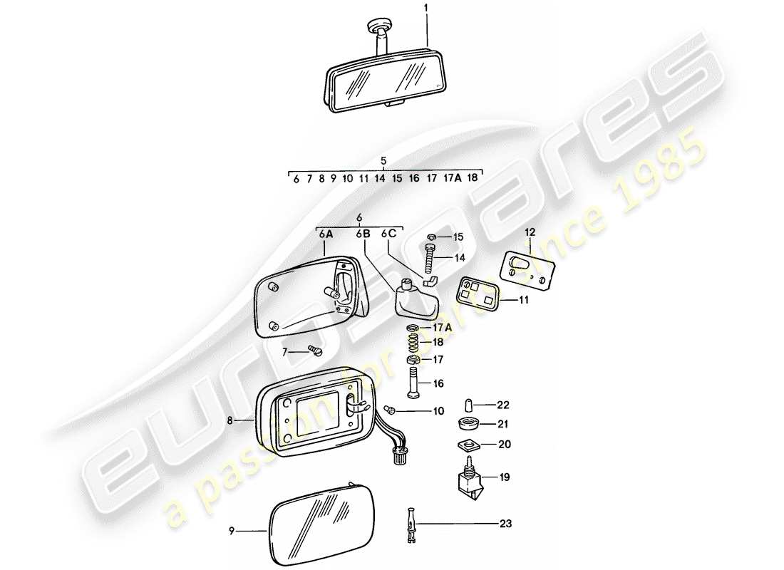 porsche 1985 (911) rückspiegel innen - rückspiegel teilediagramm
