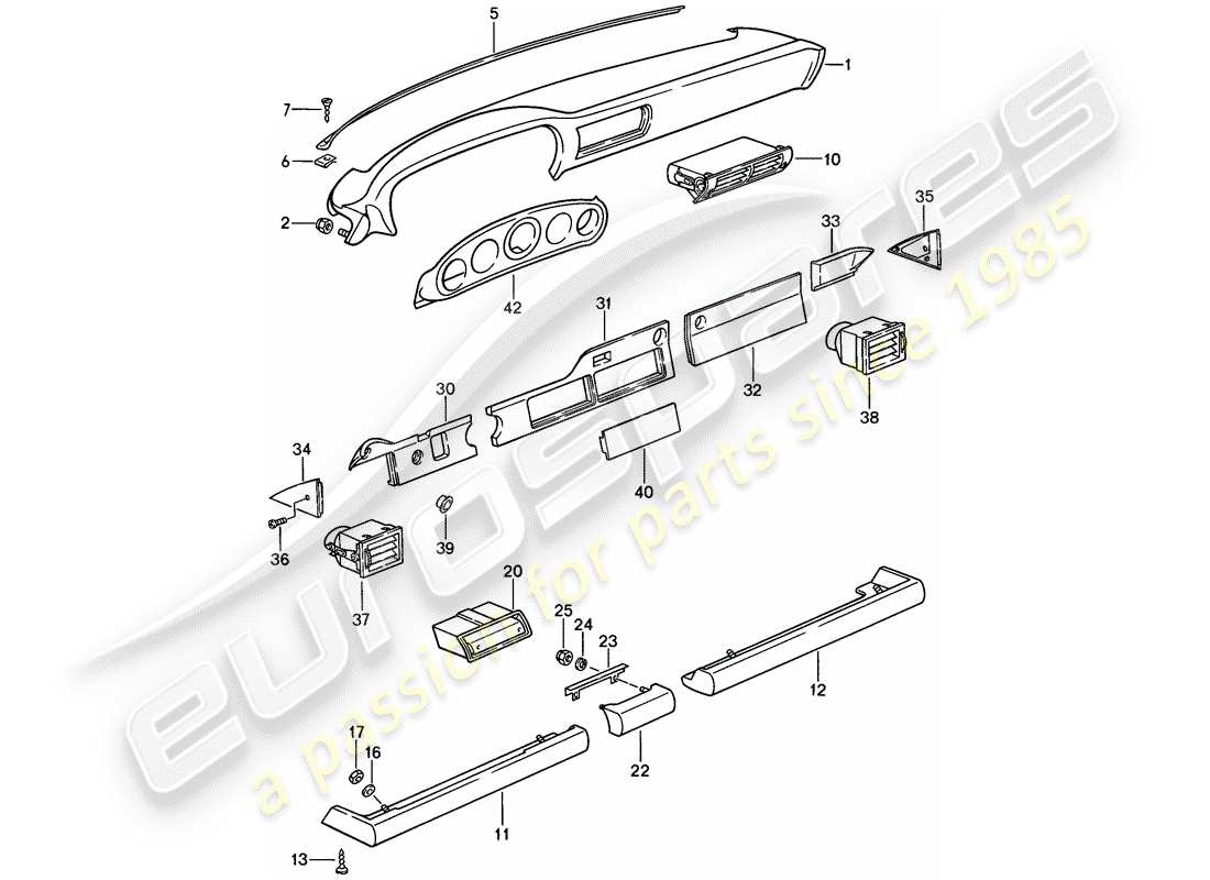 porsche 1985 (911) armaturenbrettverkleidung - mit einbauteilen - d - mj 1986>> ersatzteildiagramm