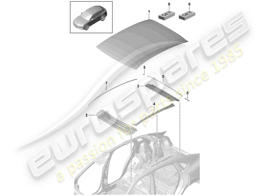 porsche 2020 (cayenne e3 9ya/9yb) äußeres dachblech teilediagramm