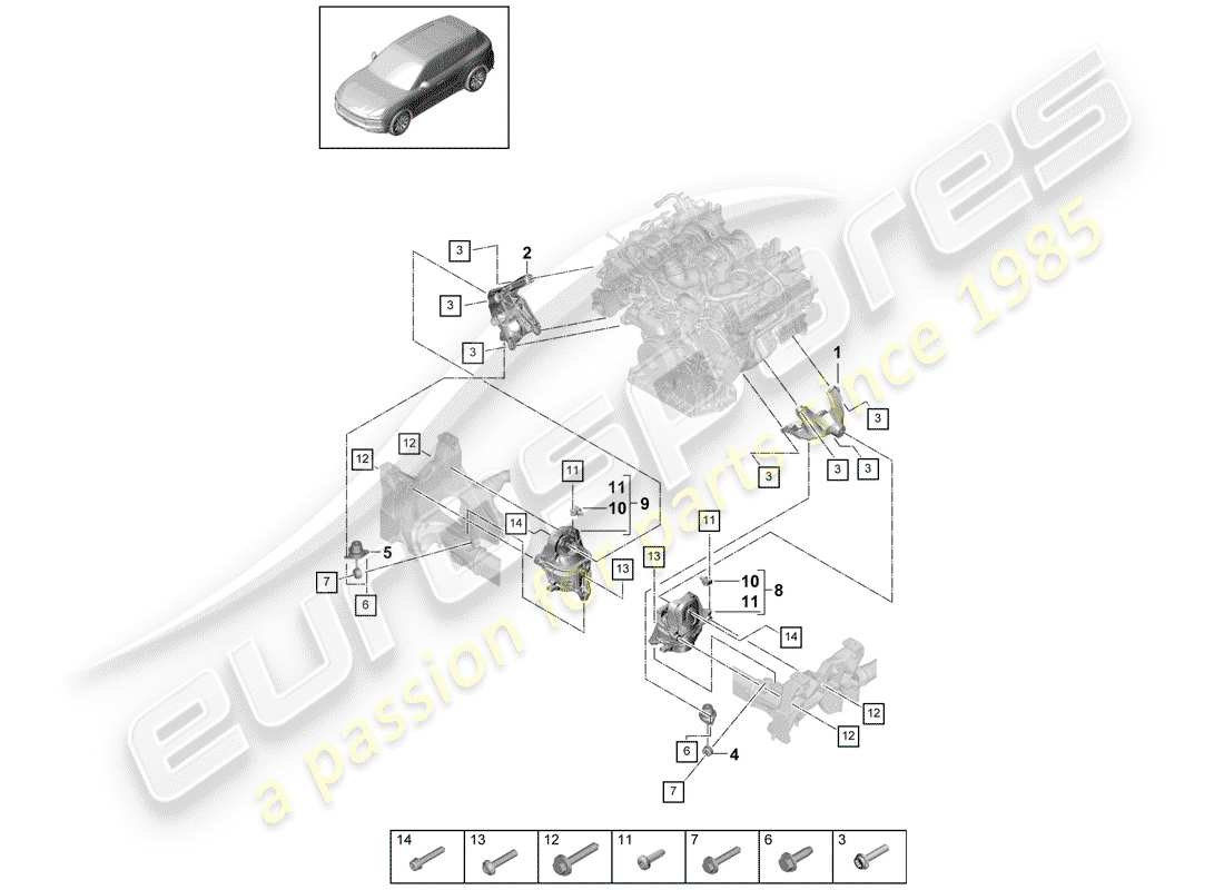 porsche 2020 (cayenne e3 9ya/9yb) motorhebezug ersatzteildiagramm