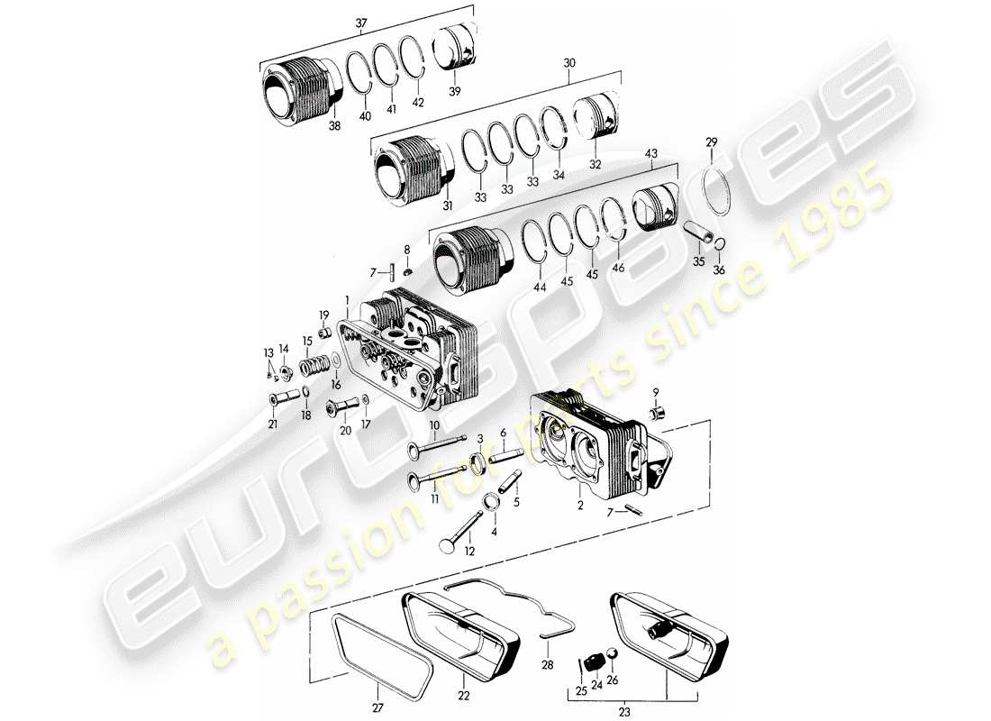 porsche 1960 (356b/356c) zylinderkopf - zylinder mit kolben ersatzteildiagramm