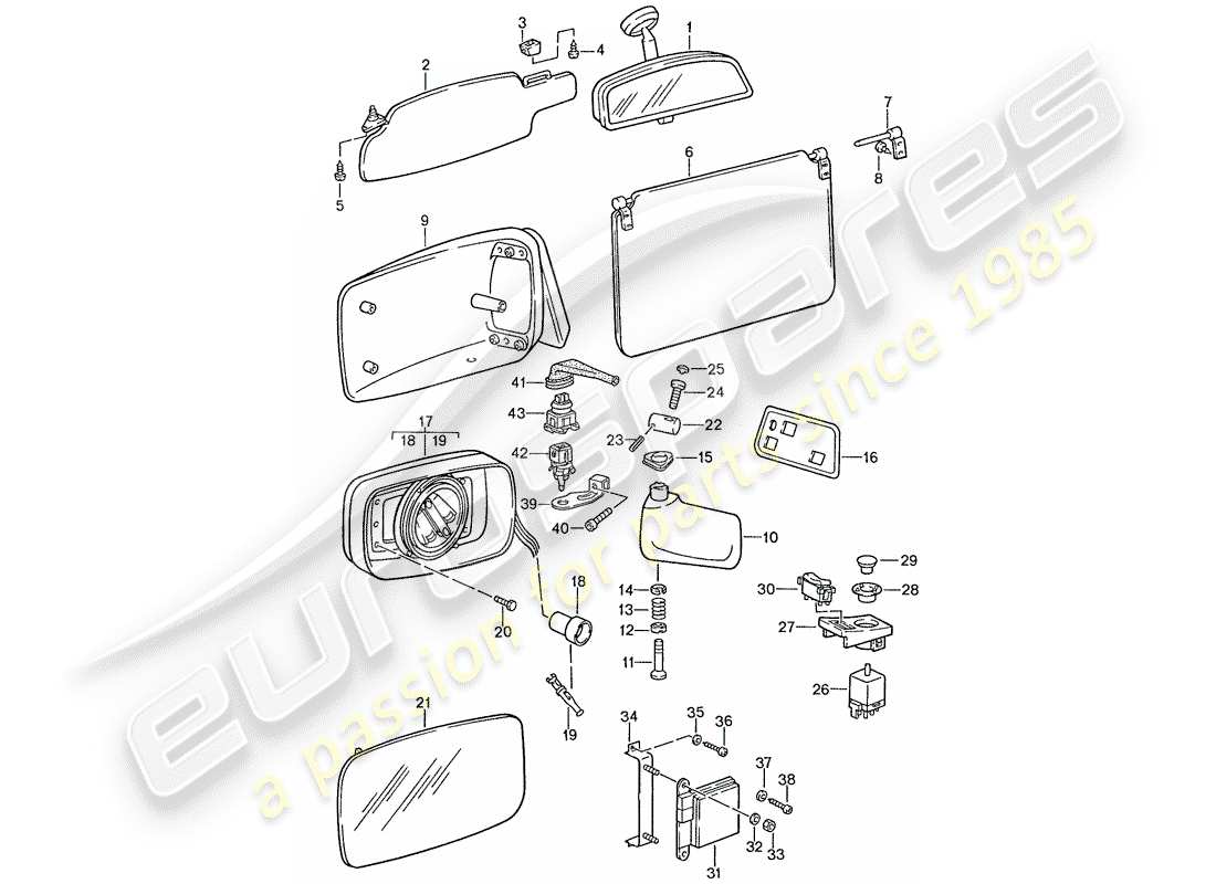 porsche 1988 (928) sonnenblende - innenrückspiegel - rückspiegel teilediagramm