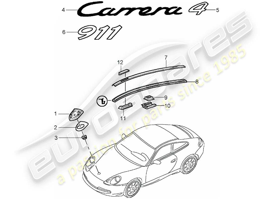 porsche 1998 (996) namensschilder - formteile ersatzteildiagramm