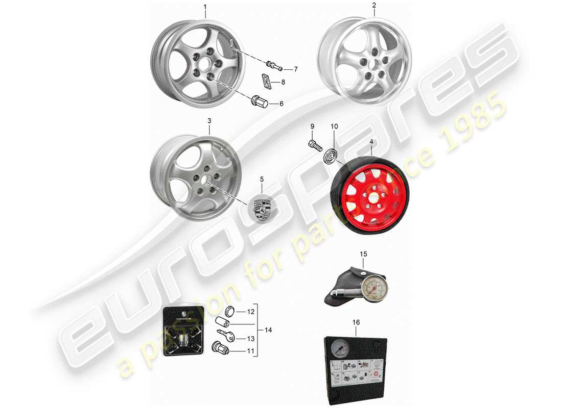 porsche 1995 (968) leichtmetallfelgen-ersatzteildiagramm