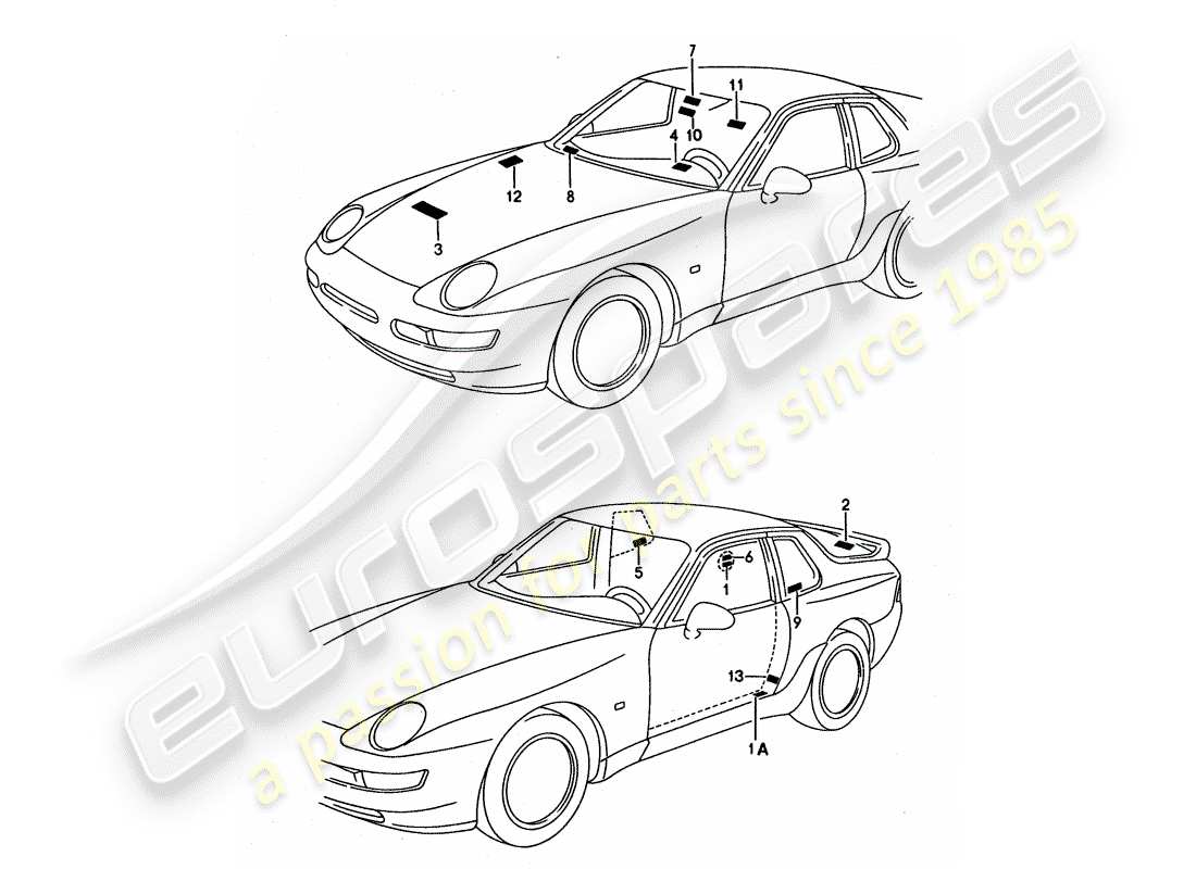 porsche 968 (1995) zeichen/hinweise teilediagramm