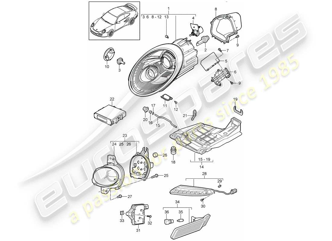 porsche 2013 (997-2 turbo / gt2 rs) scheinwerfer-teilediagramm