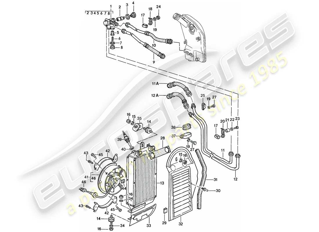 porsche 1985 (911) motorschmierung - ölkühler ersatzteildiagramm