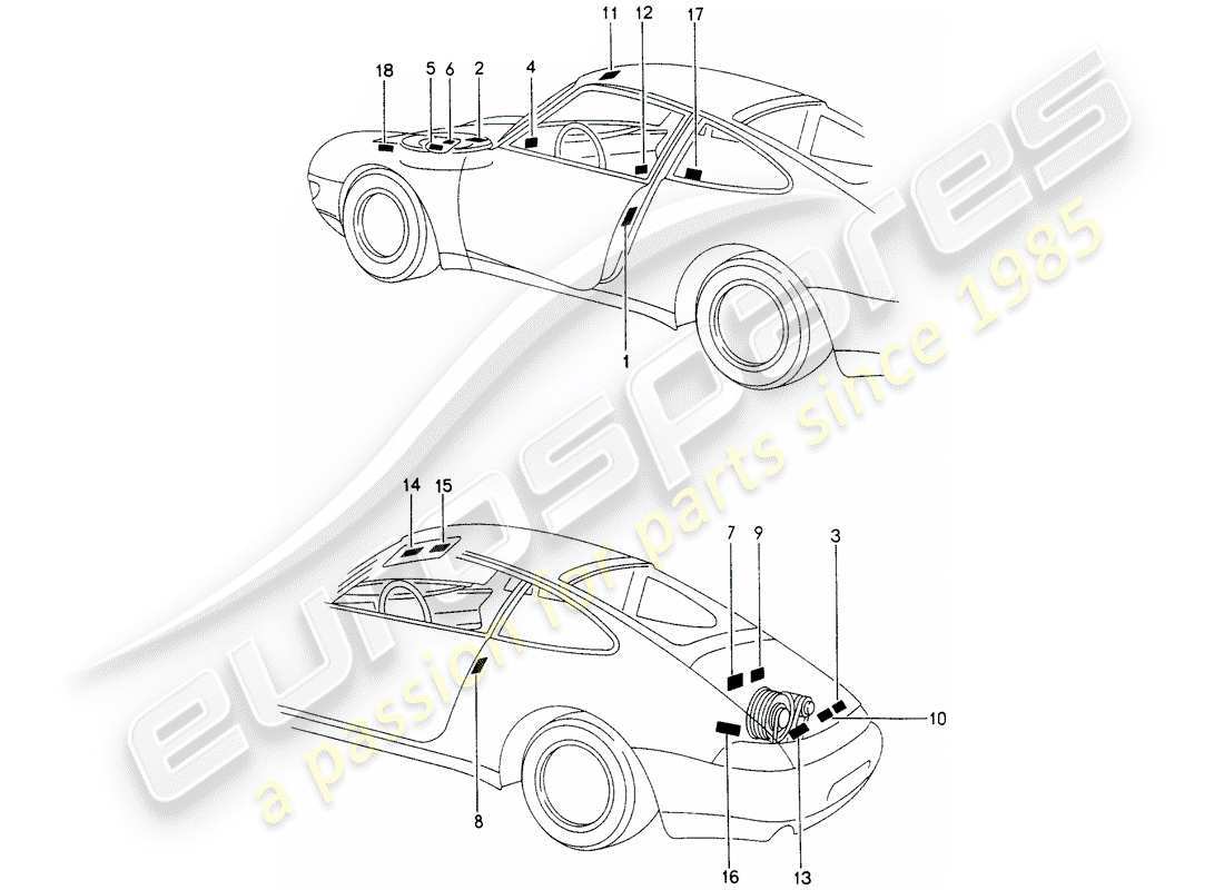 porsche 1998 (993) zeichen/hinweise teilediagramm