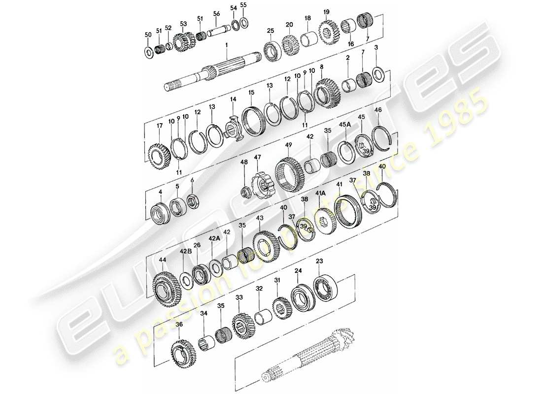 porsche 924 (1980) gears and shafts - manual gearbox - g31.01/02/03 part diagram