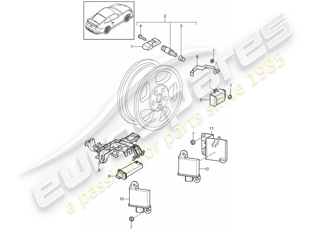 porsche 2007 (997-1 gt3) reifendruck-kontrollsystem teilediagramm