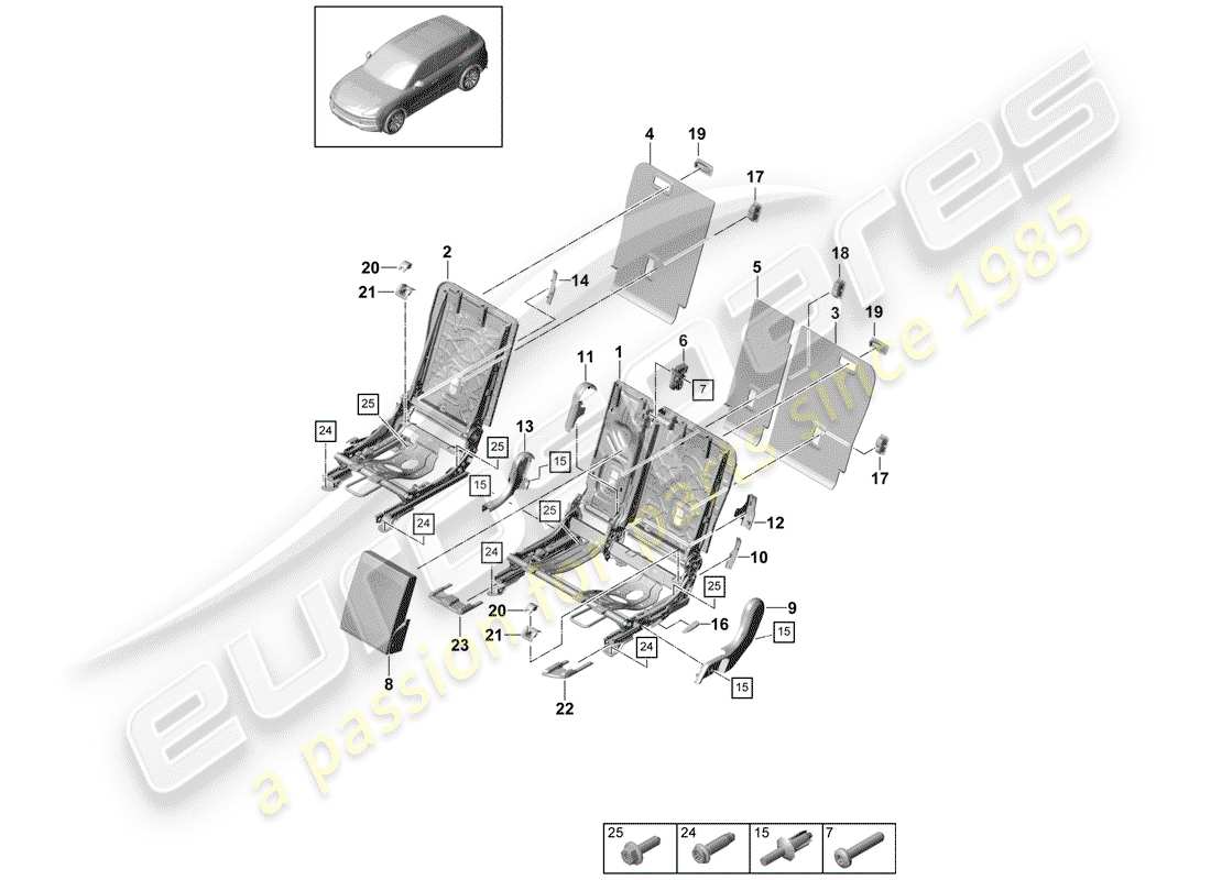 porsche 2019 (cayenne e3 9ya/9yb) rückenlehne, ersatzteildiagramm