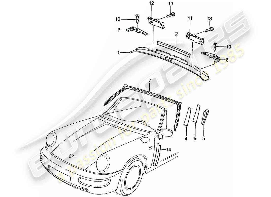 porsche 1989 (911) windschutzscheibenrahmen - zubehör ersatzteildiagramm