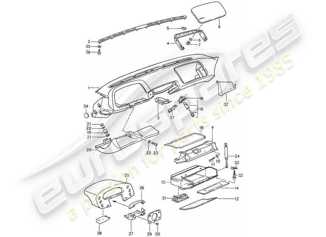 porsche 1995 (928) armaturenbrettverkleidung - für fahrzeuge mit - airbag - (beifahrerseite) ersatzteildiagramm