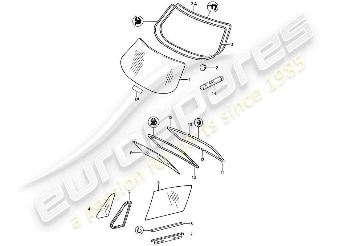 porsche 1988 (959) fensterverglasung ersatzteildiagramm