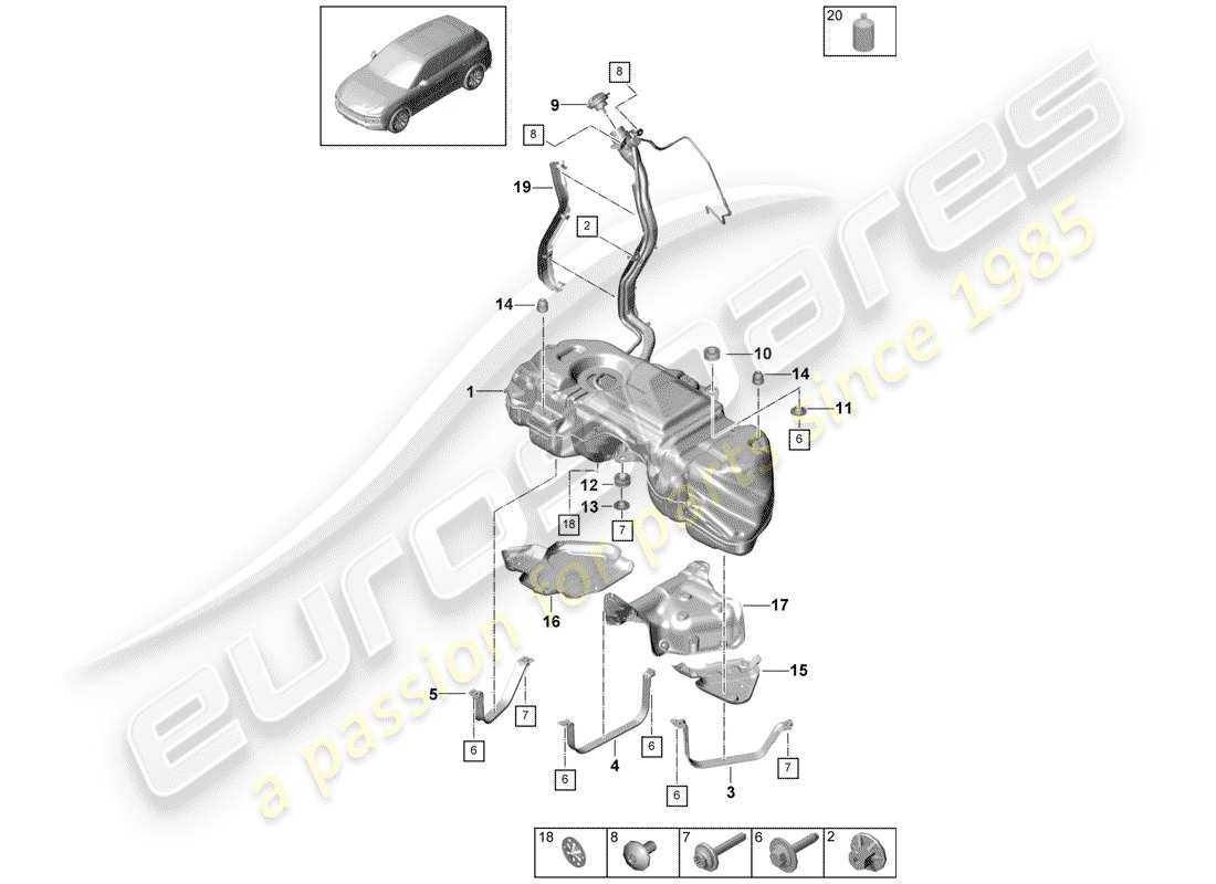 porsche 2018 (cayenne e3 9ya/9yb) kraftstofftank mit ersatzteildiagramm