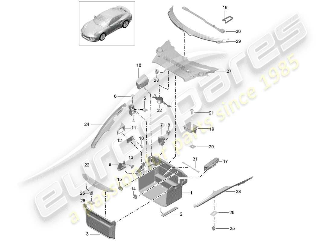 porsche 991 turbo (2020) kofferraumverkleidung - ersatzteildiagramm