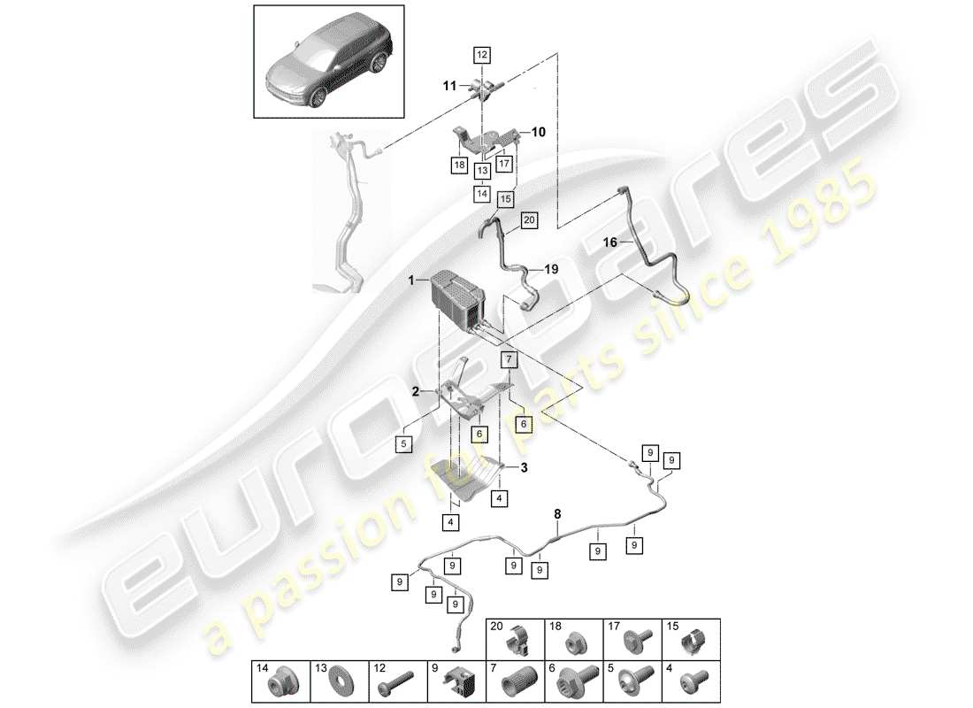 porsche 2020 (cayenne e3 9ya/9yb) verdunstungsbehälter - teilediagramm