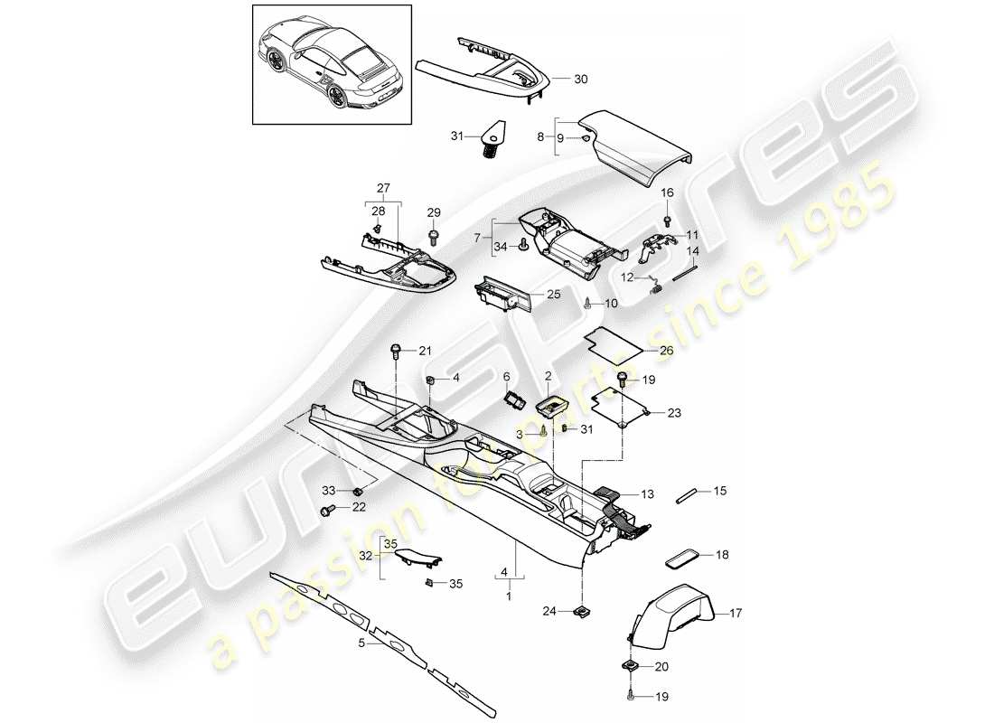 porsche 2011 (997-2 turbo / gt2 rs) center console ersatzteildiagramm