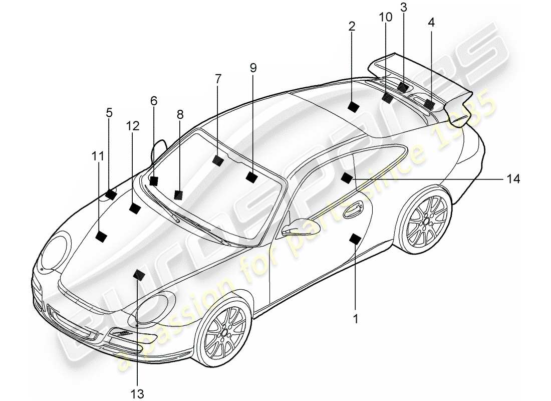 porsche 2011 (997-2 gt3) zeichen/hinweise teilediagramm
