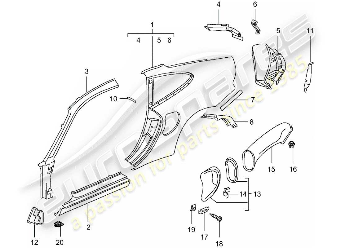 porsche 2003 (996 turbo / gt2) seitenwand teilediagramm