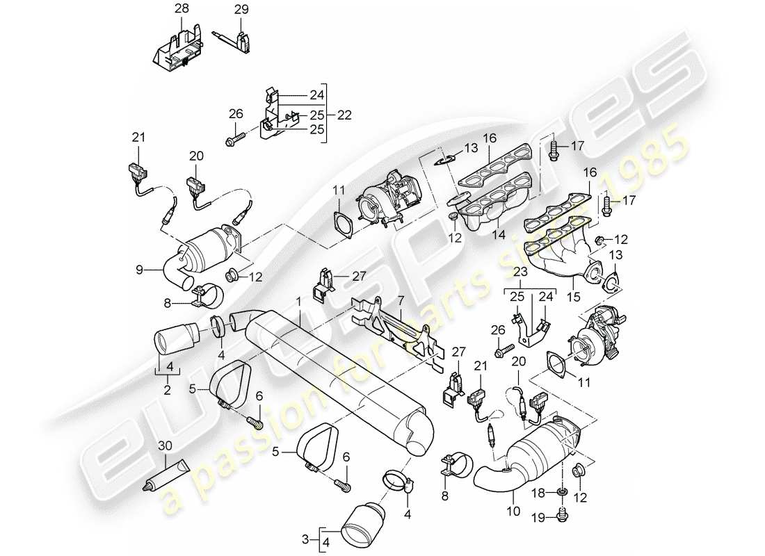 porsche 2009 997-2 turbo / gt2 auspuffanlage teilediagramm