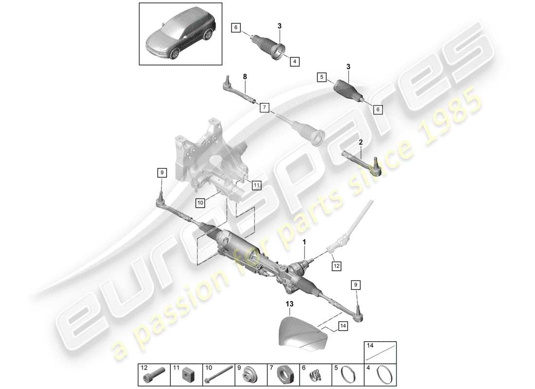 porsche 2018 (cayenne e3 9ya/9yb) lenkgetriebe teilediagramm