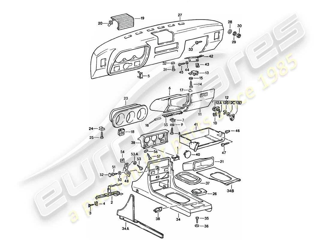 porsche 1986 (924s) armaturenbrett - mittelkonsole ersatzteildiagramm