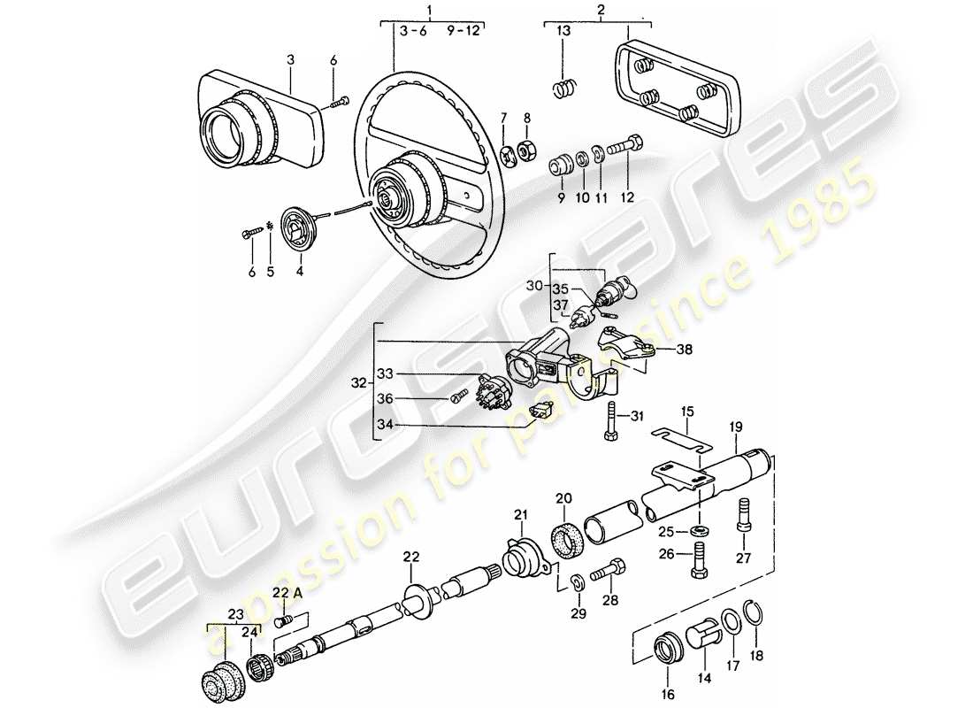 porsche 1988 (944) lenkräder - lenksäule ersatzteildiagramm