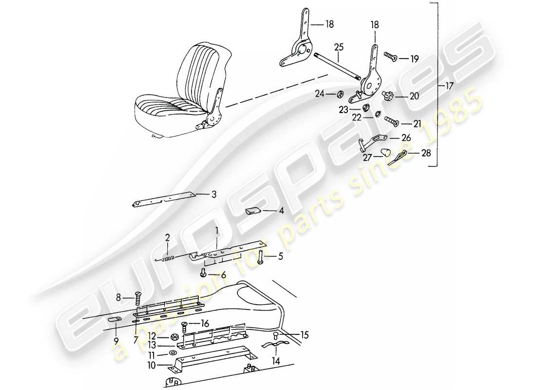 porsche 1960 (356b/356c) sitzschiene - sitzschienenhalterung - und - sitzverstellmechanismus ersatzteildiagramm