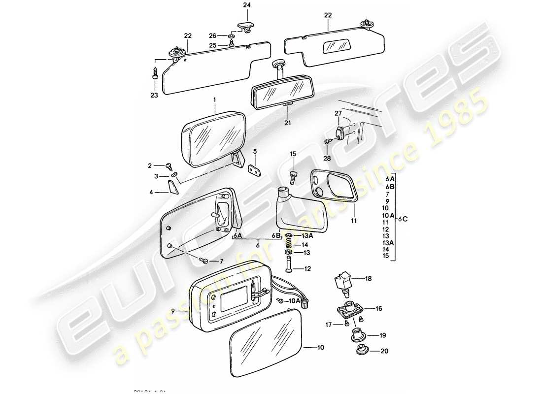 porsche 1979 (924) rückspiegel - rückspiegel innen - sonnenblende ersatzteildiagramm