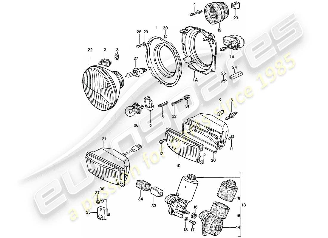 porsche 1987 (924s) scheinwerfer - elektromotor - aufklappbarer scheinwerfer ersatzteildiagramm