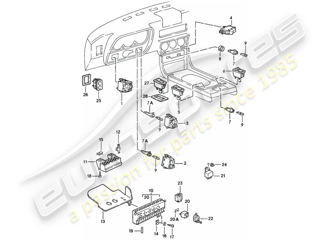 porsche 1982 (944) schalter - sicherungskasten - relais ersatzteildiagramm