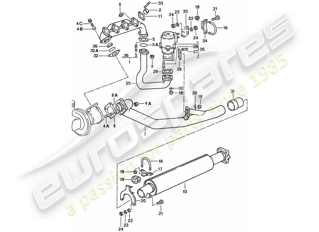 porsche 1977 (924) auspuffanlage - auspuffschalldämpfer, vorne ersatzteildiagramm