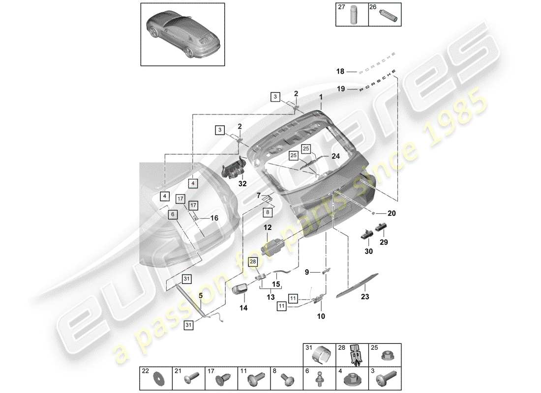 porsche 2018 (panamera 971-1) hinterer kofferraumdeckel - teilediagramm
