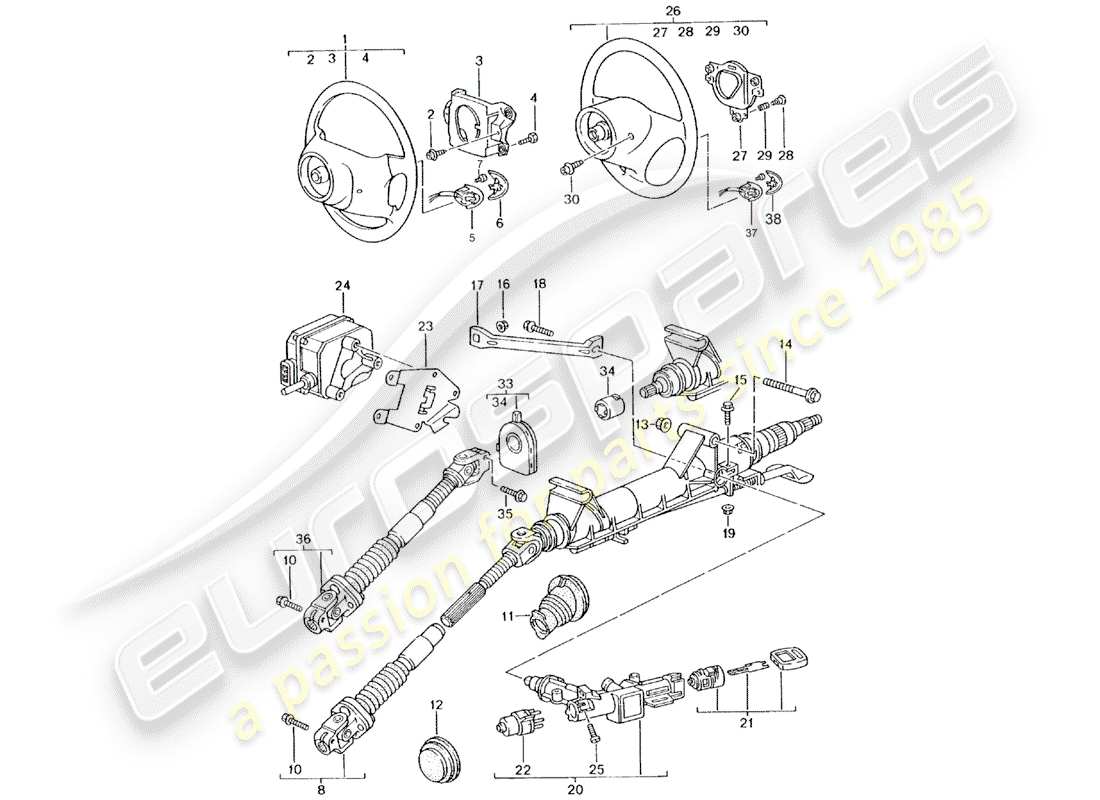 porsche 2000 (986 boxster) lenkschutzrohr - zwischenlenkwelle - lenkrad ersatzteildiagramm