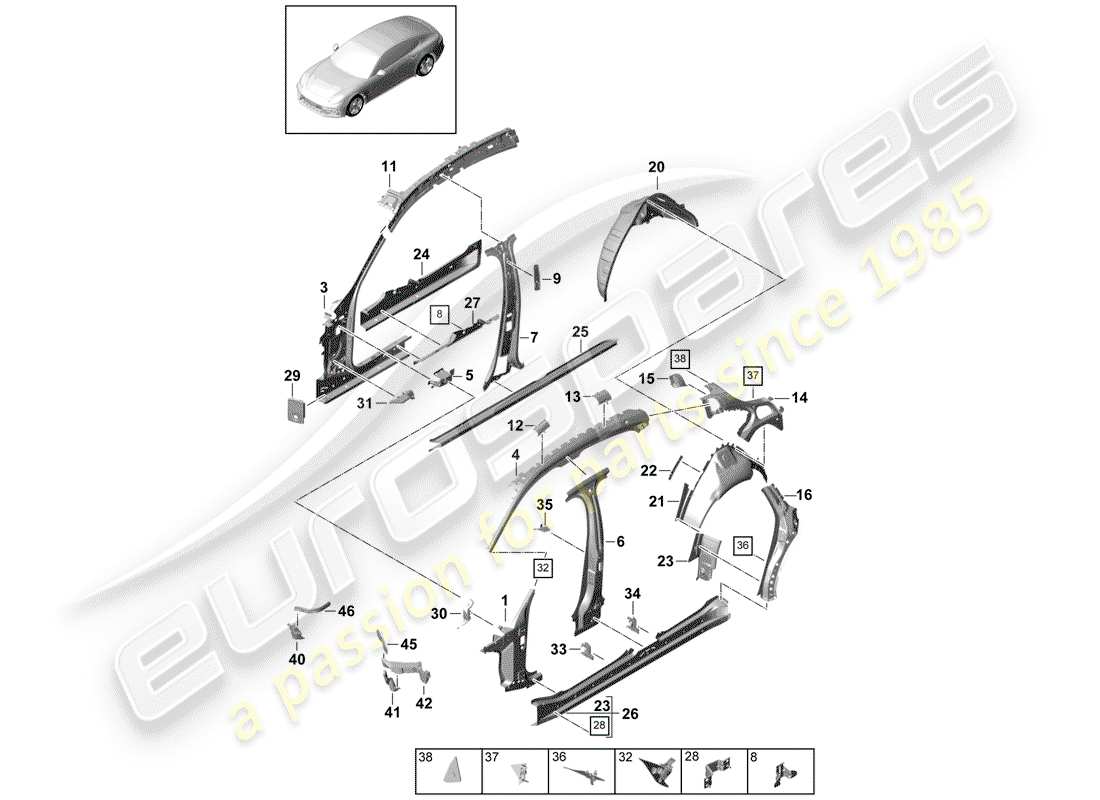 porsche 2020 (panamera 971-1) seitenwand teilediagramm