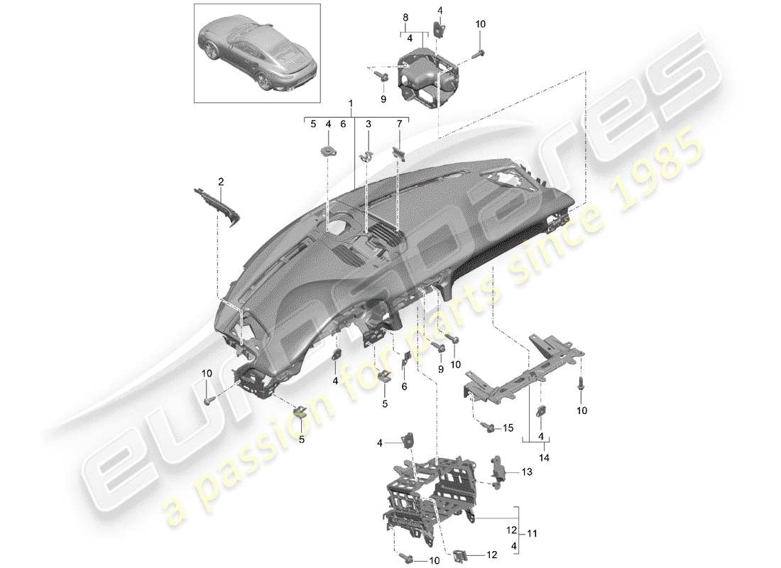 porsche 991 turbo (2015) armaturenbrettverkleidung - ersatzteildiagramm