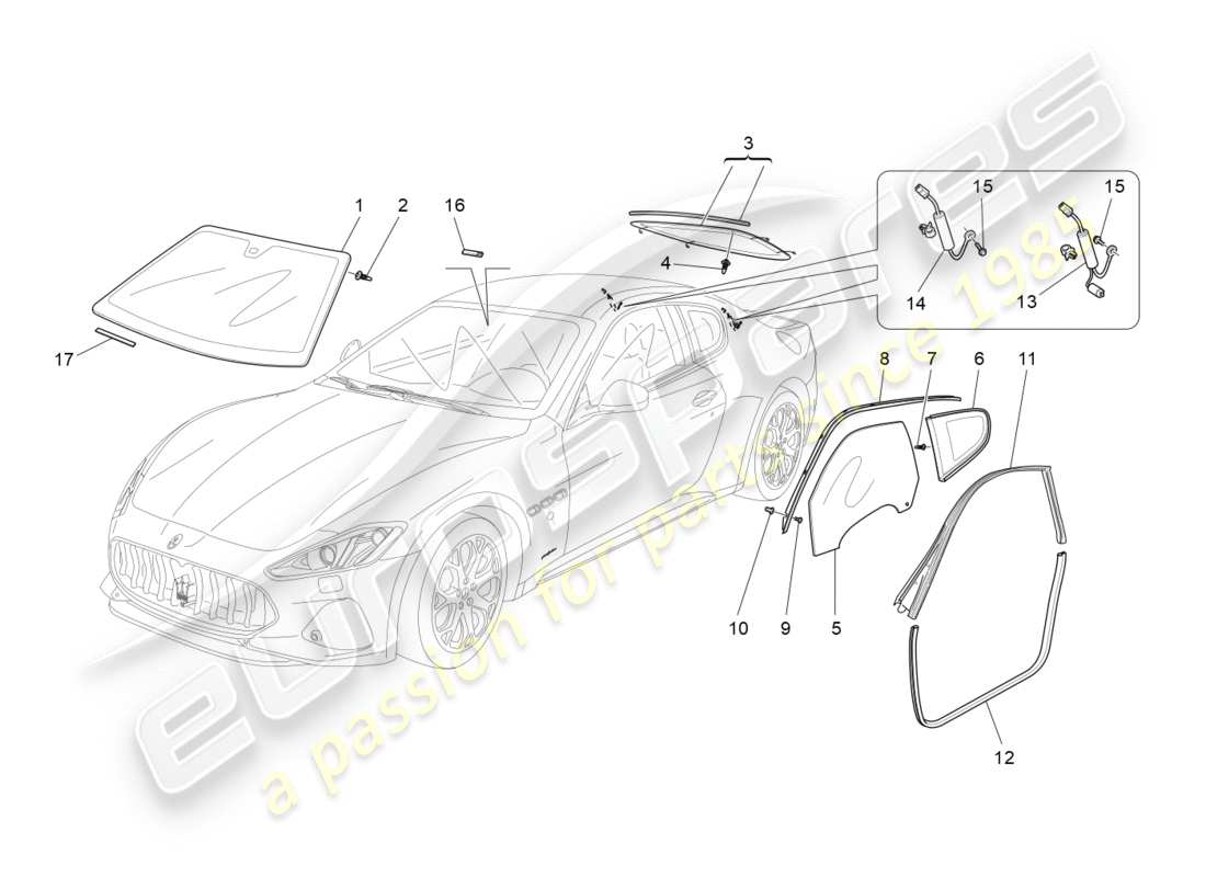 maserati granturismo s (2020) fenster und fensterleisten teilediagramm