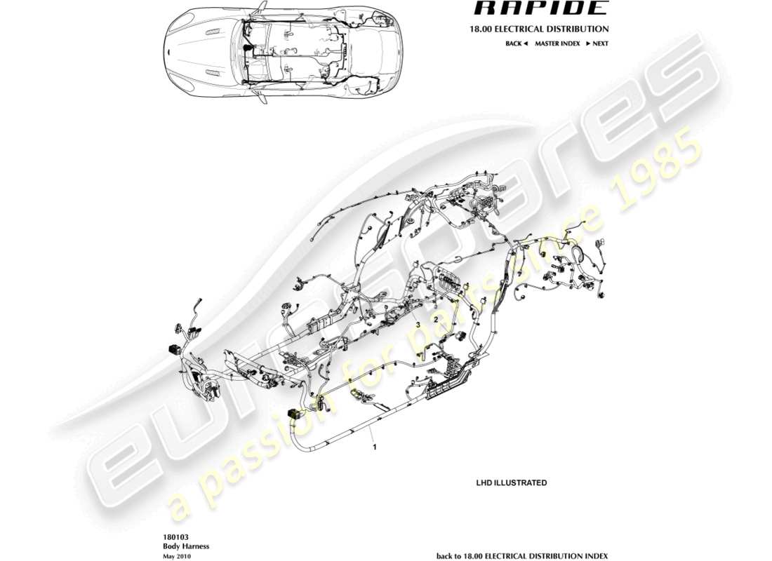 aston martin rapide (2013) teildiagramm des karosseriekabelbaums