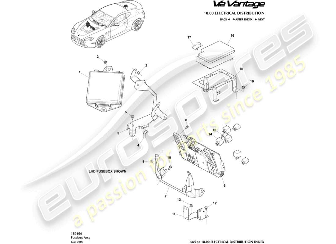 aston martin v12 vantage (2011) teilediagramm für sicherungskästen