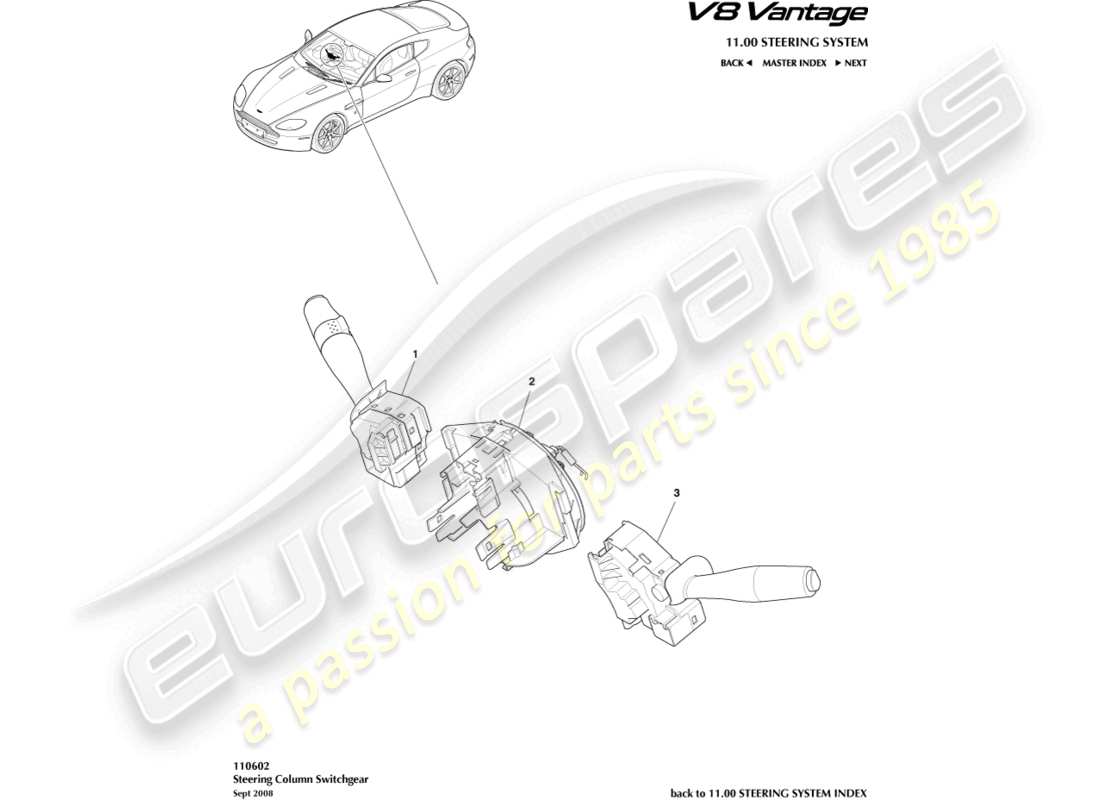 aston martin v8 vantage (2009) lenkstockschalter ersatzteildiagramm