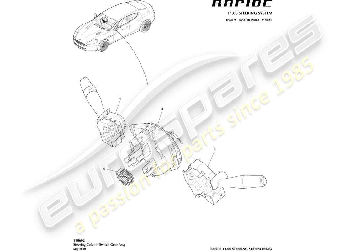 aston martin rapide (2014) teilediagramm der lenksäulenschalterbaugruppe