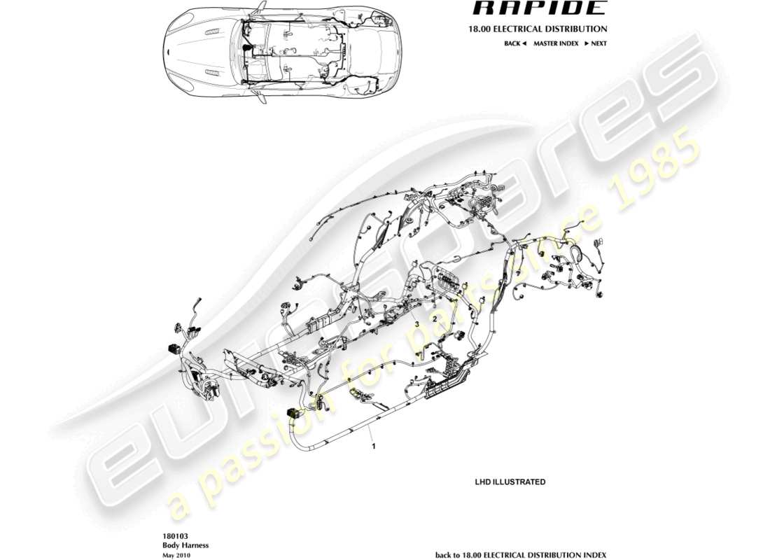 aston martin rapide (2011) teildiagramm des karosseriekabelbaums